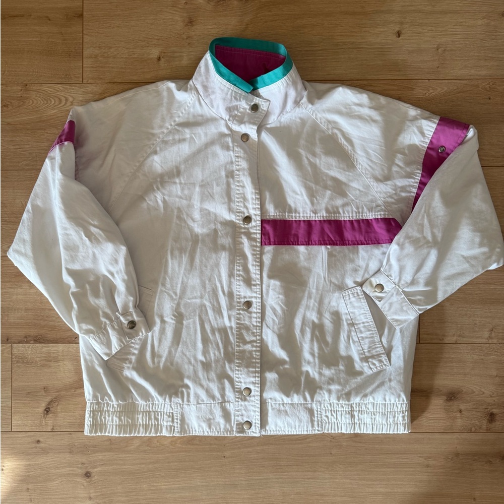 Be In The Current Seen Retro Colorblock Jacket White Pink Teal Womens L